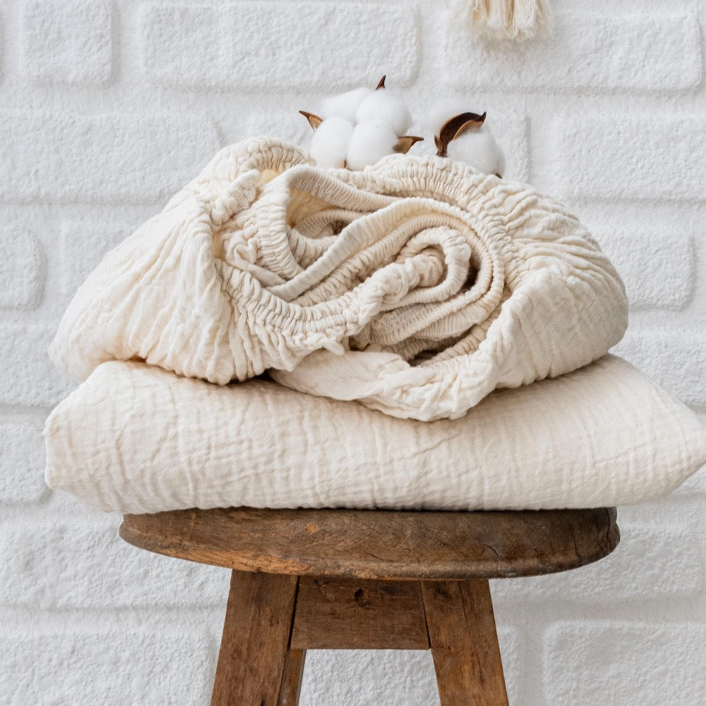 Washed Muslin Fitted Sheet, Organic Muslin Fitted Bed Sheet, GOTS Certified Cotton Bedding, Breathable Cotton Sheet